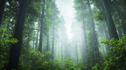 Fototapeta premium Lush green forest with towering trees and misty atmosphere, creating serene and tranquil environment