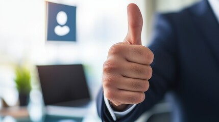Confident businessman showing approval in a modern office setting