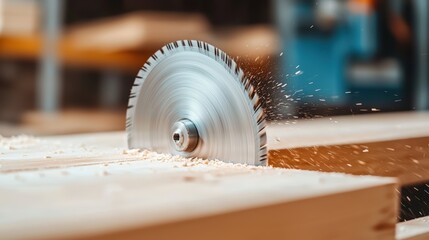 A close-up of a circular saw blade cutting through wood, sending wood shavings flying, showcasing precision in woodworking.