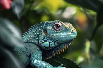 Obraz premium Close-up portrait of a vibrant blue iguana amidst lush green foliage, showcasing intricate skin texture and captivating red eye.
