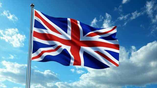 Flying British flag against a clear blue sky with clouds in the background