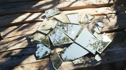 Shattered Reflections: A Broken Mirror on Weathered Wood