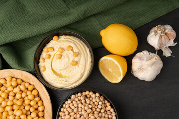 Hummus in bowl, houmous dip, chickpea humus tahini sauce, middle eastern spread