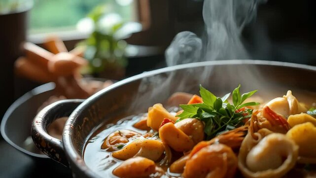 Steaming Seafood Delight: A close-up captures the inviting scene of a pot brimming with a flavorful seafood medley, with steam rising, suggesting a warm, fresh, and delicious meal.