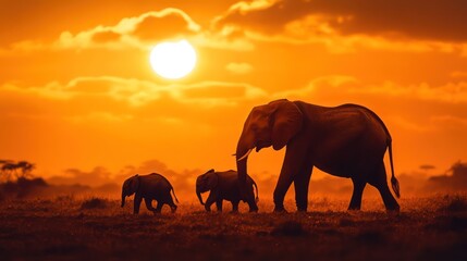 Naklejka premium African Elephants Sunset Silhouette