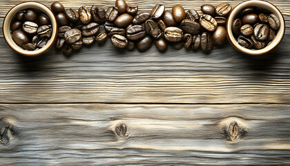 Aromatic coffee beans arranged on rustic wooden background, with space for text or logo.  Perfect for coffee shop menus or branding.
