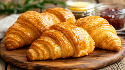 Delicious golden-brown croissants, freshly baked and arranged on a rustic wooden board, perfect for breakfast or a delightful treat.