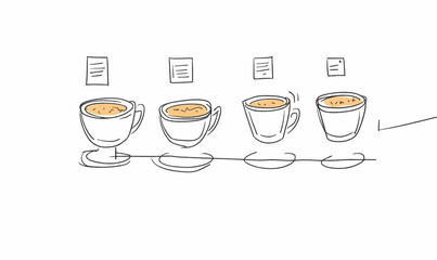Hand-drawn illustration of four coffee cups on a conveyor belt, depicting a coffee production or serving process.  Simple, minimalist style.
