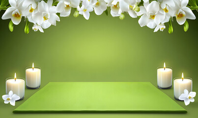 Serene spa scene with white orchids, lit candles, and a green yoga mat. Perfect for wellness, relaxation, or meditation themes.