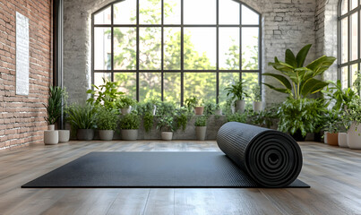 Rolled-up yoga mat on wooden floor in a bright, plant-filled room with a large window. Perfect for wellness, fitness, or healthy lifestyle concepts.