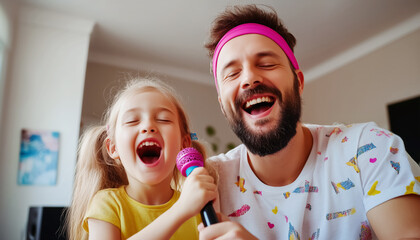 Father and daughter enjoy singing together in home karaoke holding toy microphones with excitement. Father in funny headband creating joyful, heartwarming scene filled with laughter and bonding moment