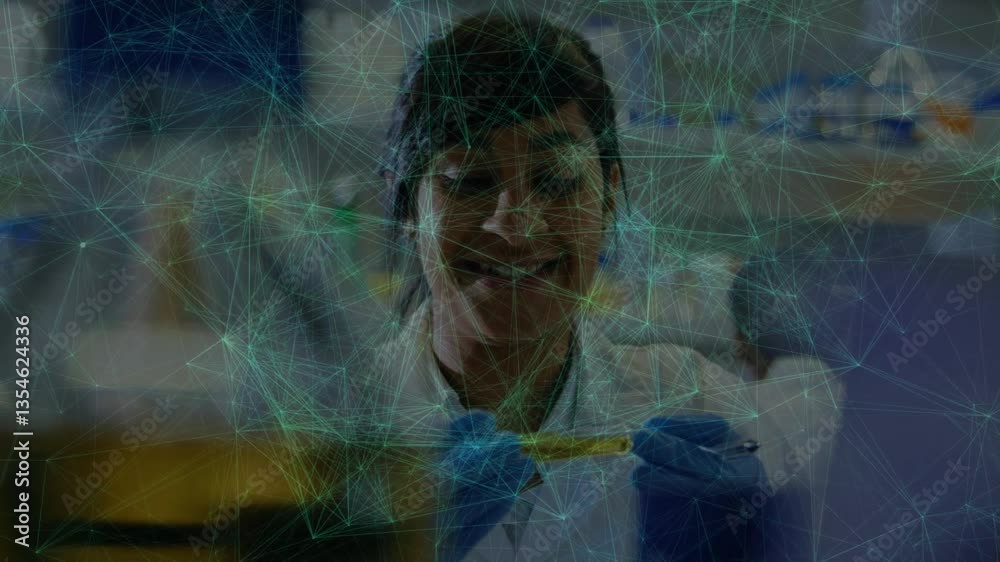Poster scientist in lab examining sample with network connections animation overlay