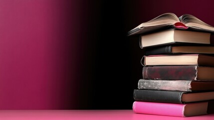 Stack of books, open book on top, against a deep magenta backdrop