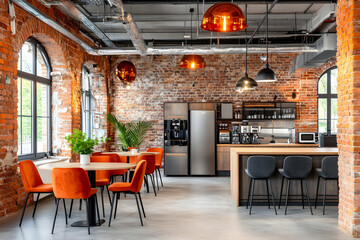 Modern industrial office break room with exposed brick walls, orange chairs, and a kitchen area. Perfect for showcasing workspace design, interior design, and commercial real estate.