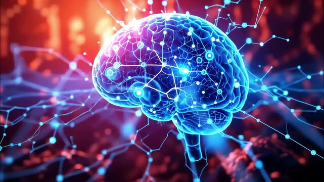 Futuristic glowing brain with neural connections in a digital space. 