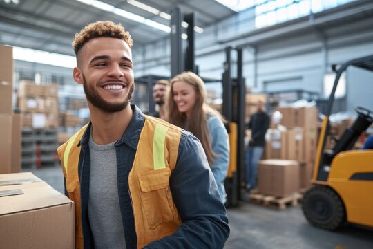 Warehouse workers collaborate efficiently distribution center people industrial indoor environment teamwork dynamics