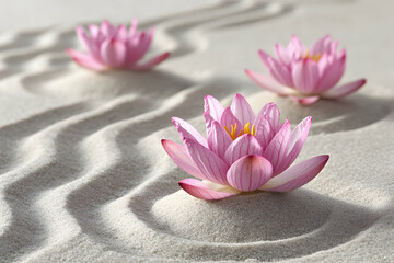 Serene pink water lilies nestled in a tranquil sand garden, creating a peaceful and meditative scene.