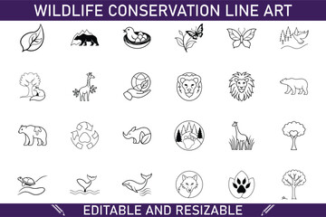 Editable Wildlife Conservation Line Art Icons Animals, Nature, Earth