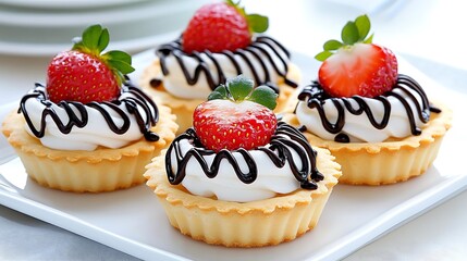 Delicious Strawberry Tarts with Whipped Cream and Chocolate Drizzle