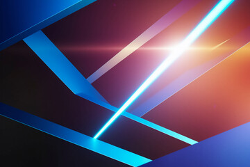 Abstract image with intersecting blue and purple geometric shapes, a bright light beam cuts through the design, creating a dynamic and modern visual, suitable for technology or design showcase