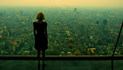 Woman silhouetted against sprawling cityscape at dusk, viewed from skyscraper window; feeling of solitude and contemplation.