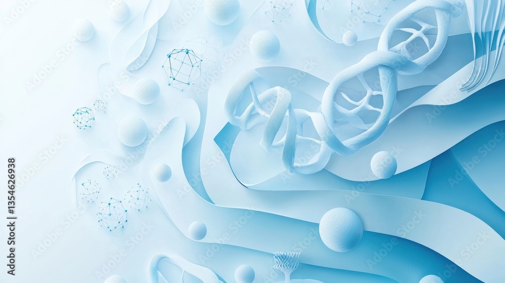 Poster futuristic paper cut background featuring molecular structures and dna helixes in a clean, sleek des