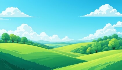 Obraz premium Cartoon Summer Landscape, Rolling Green Hills, Idyllic summer scene with green hills and blue sky