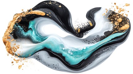 Obraz premium Abstract swirling paint in black, teal, white, gold.