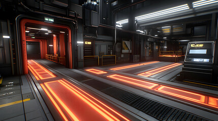 Futuristic spaceship corridor interior, glowing orange floor lines, metallic walls, and technological details. Perfect for sci-fi, game design, or futuristic backgrounds.