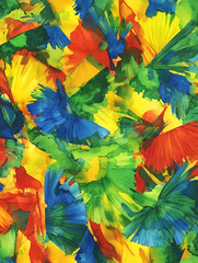 Vibrant Abstract Shapes Pattern with Tropical Birds and Palm Fronds in Bold Colors