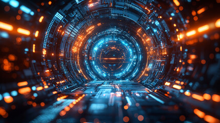 Obraz premium A visually striking circular futuristic tech background featuring glowing blue and orange lights. Generative AI