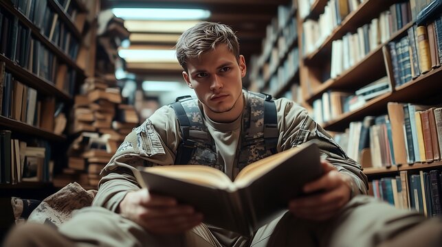 Military personnel reading in a library full of books