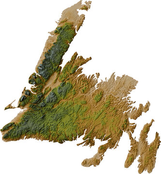 Colored terrain map of Newfoundland island in Canada (the fifteenth largest island in the world)