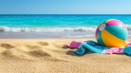 Obraz premium Beach ball and towel on sandy beach.
