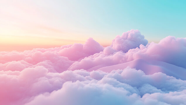 a dreamy pastel sky with clouds, soft pink and blue colors, landscape of rolling hills covered in fluffy white clouds.