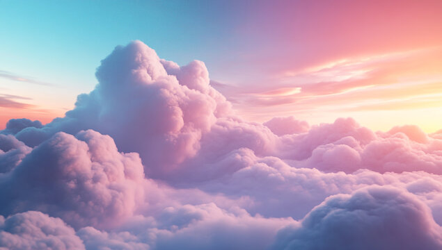a dreamy pastel sky with clouds, soft pink and blue colors, landscape of rolling hills covered in fluffy white clouds.