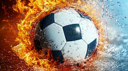 Naklejka premium Fiery Soccer Ball: A Dynamic Water and Fire Sports Image