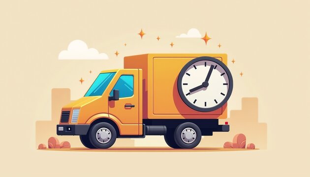 Fast shipping concept with a delivery truck and clock symbolizing prompt service on a soft background