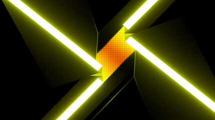 Abstract graphic with black geometric shapes and bright yellow neon lines intersecting at an orange square center, showcasing a modern and energetic design, ideal for technology or gaming backgrounds