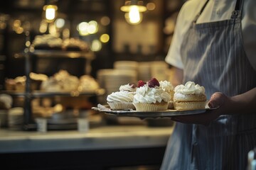Delicious Cupcakes on a Plate in a Cozy Bakery Atmosphere