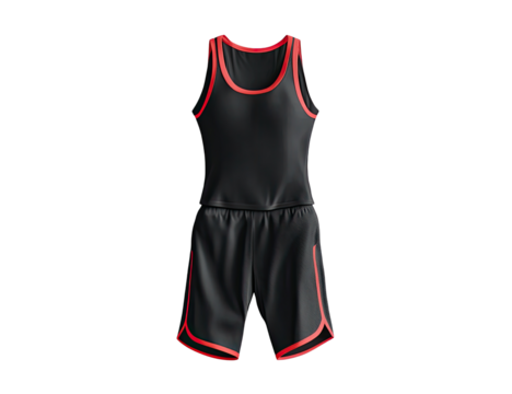 Black athletic tank top and shorts set with coral trim