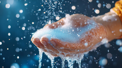 Fototapeta premium hand holding bubbles with water droplets, creating refreshing and clean atmosphere. sparkling effect adds sense of joy and vitality to scene
