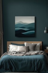 Modern abstract landscape art piece, featuring layered teal and gray mountain ranges, displayed in a cozy bedroom setting