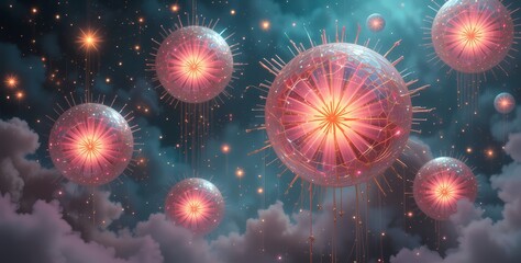 Obraz premium Glowing Celestial Orbs in Nebula, Futuristic space scene with glowing orbs and nebula clouds.