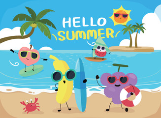 Summer Beach Fun with Cute Fruit Characters Illustration