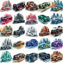 Futuristic concept car. Blending watercolor and bauhaus art. AI generated illustration