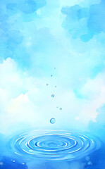 Watercolor background, blue sky with clouds and water ripples