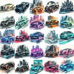 Futuristic concept car. Blending watercolor and bauhaus art. AI generated illustration