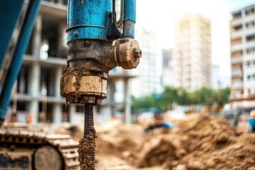 Construction Equipment Focusing on Drill Bit with Urban Background