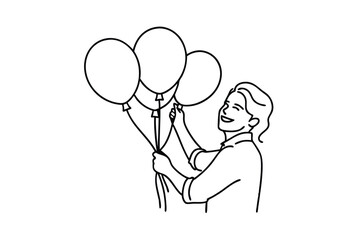 Happy Person Holding Three Balloons, Line Art Illustration